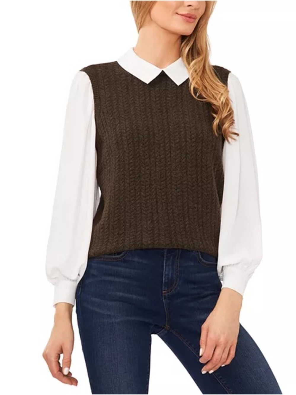 CeCe Olive Cable Knit V-Neck Sweater Vest with White Blouse Detail